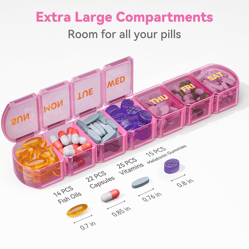 Large Pill Organizer Weekly - 7 Day Compartments with Easy-Open Design | SHIJOINYU XL Pill Box with High-Capacity, Daily Medicine Pill Organizer for Vitamins, Supplements, Fish Oils Pink