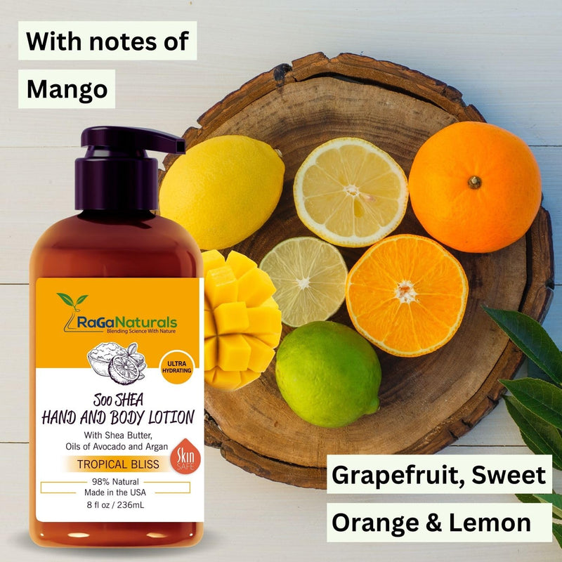 RaGaNaturals Shea Butter Lotion - for Extremely Dry Skin - Hand & Body Lotion - Hydrating Natural Non-Toxic Formula, Avocado Oil & Vitamin E - Women, Men, Kids & Baby - (Tropical Mango Scent) 8 Oz Tropical Bliss 8 Fl Oz (Pack of 1)