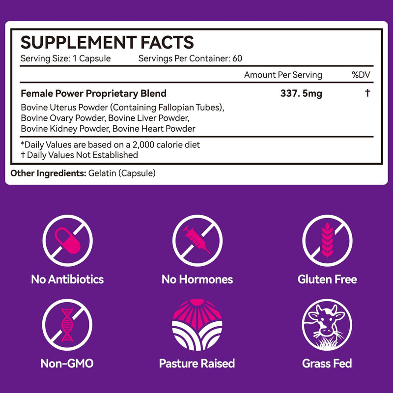 Beef Organ Complex Supplement for Women Hormones Balance, Ovarian Support, Menstrual Cycle, Supports Energy, Mood & Sleep Support, Skin & Nails Health, 60 Capsules