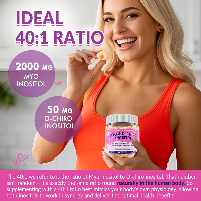 Myo-Inositol & D-Chiro Inositol Gummies for Women, Ideal 40:1 Ratio, 60 Cts | Female Health Support with Myo 2000mg, D Chiro 50mg, Omega 3, Folate, Vitamin D3, B12, Magnesium & Zinc, Vegan, Sugar Free 60 Count (Pack of 1)