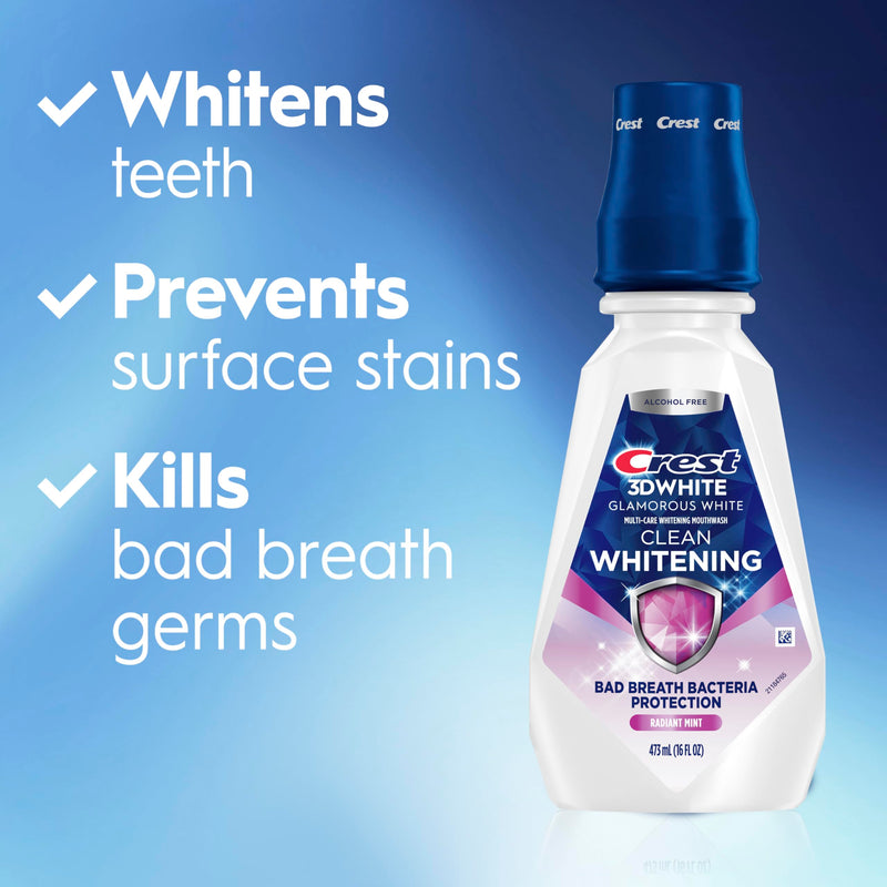 Crest 3D White Glamorous White Alcohol Free Multi-Care Whitening Mouthwash, Hydrogen Peroxide Mouthwash, Arctic Mint, 16 fl oz (473 mL) - Pack of 4, Crest Mouthwash 16 Fl Oz (Pack of 4)