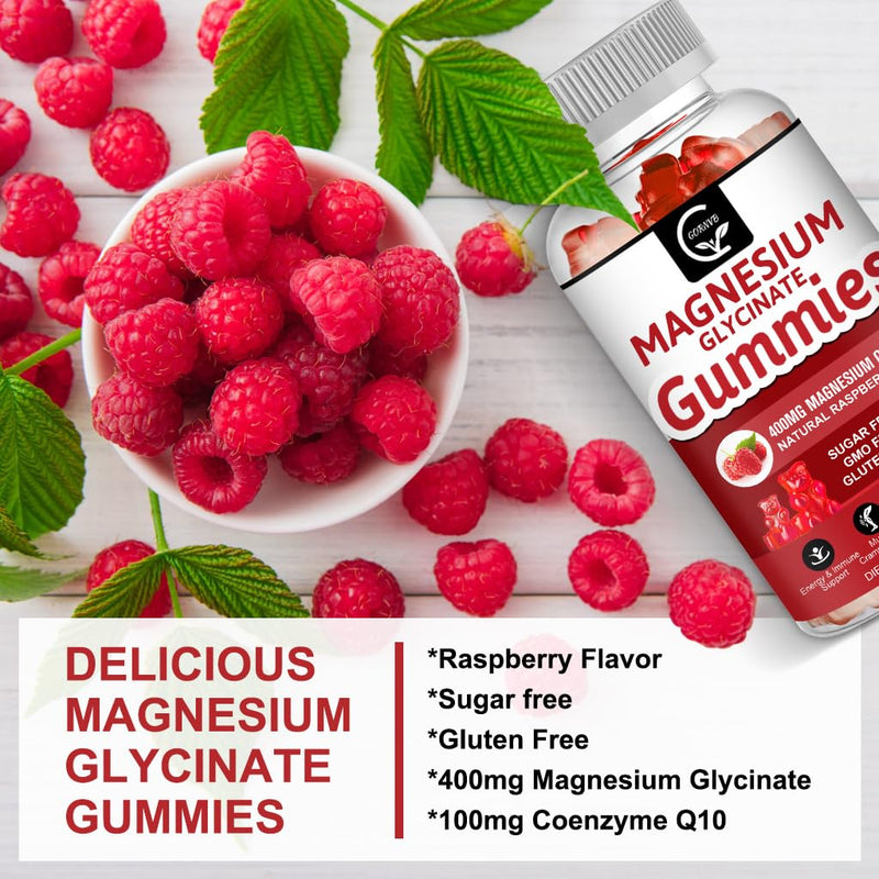 Magnesium Glycinate Gummies 400mg, Mg Potassium Supplement with Chelated Magnesium Malate Complex, Vitamin D, B6, and CoQ10, Supports for Memory, Calm, Mood & Sleep - 60 Count (Pack of 1) Raspberry 60 Count (Pack of 1)