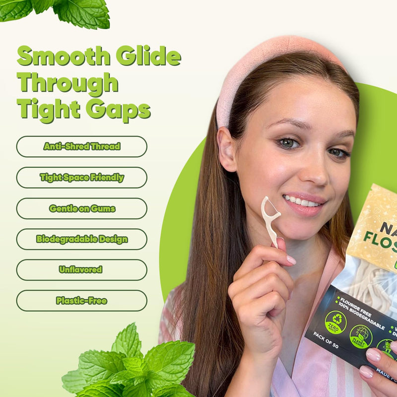 [Australia] - Biodegradable Floss Picks - Natural Straw Wheat Handle | Thin & Durable Thread for Tight Gaps! | Dental Flossers for Adults | Gentle on Gums & Teeth | Eco Friendly, Vegan, Natural (200 Pack, Mint) 200 Count (Pack of 1) 