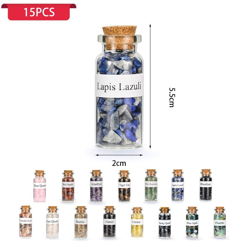 [Australia] - Pack of 15 crystal wish bottles, healing crystal tumbled stones collection set, natural quartz gravel wish bottle, Advent calendar stones for Reiki, healing, meditation 15 pieces 