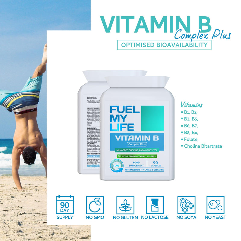 Vitamin B Complex Plus - 90 Capsules - Superior Methylated Formula with Added Choline, PABA & Inositol - Includes Essential Multi B-Vitamins B1, B2, B3, B5, B6, B12, Biotin & Folate