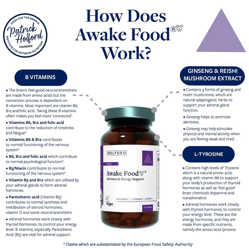 Patrick HOLFORD Awake Food/Brain Supplement/for Alertness & Energy Support / 10 Nutrients/B Vitamins, Tyrosine, Ginseng + / Naturally Sourced / 60 Capsules/Vegan/Women & Men