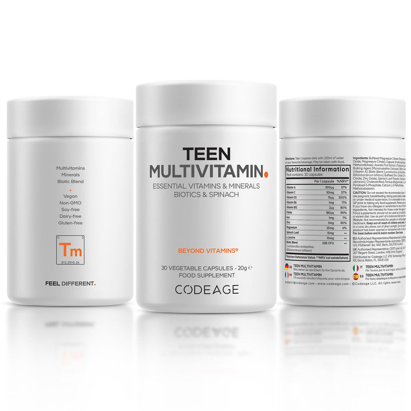 Codeage Teen Multivitamin Supplement - Vitamins A, C, D3, B6, B12, Folate, Zinc, Magnesium, Iron, 25B CFU Biotic Blend, Spinach - Multivitamins for Teenage Boys & Girls Age 13+, Non-GMO - 30 Capsules