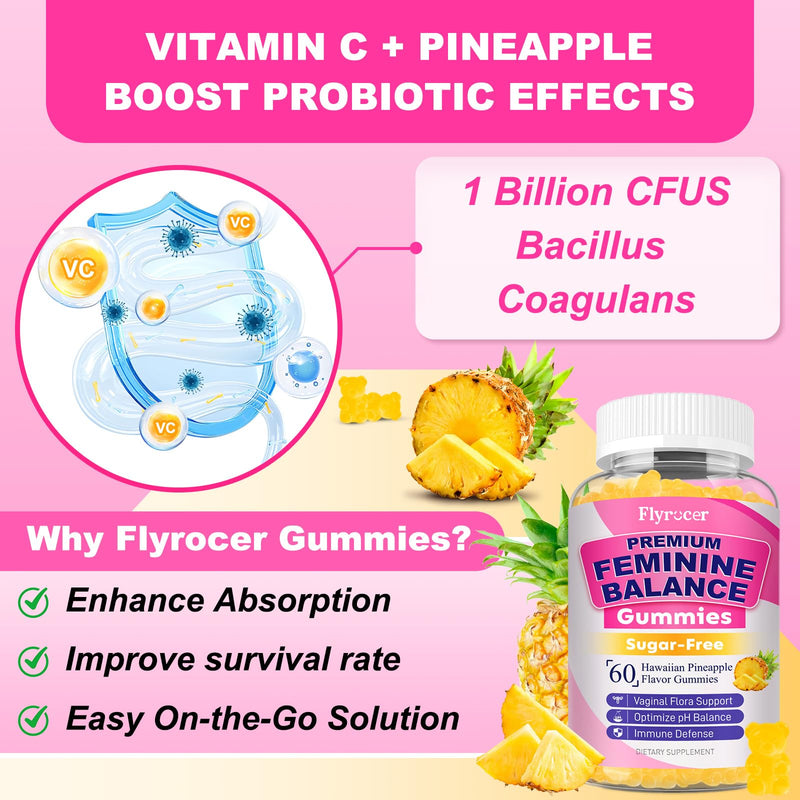 2 Packs Feminine Balance Gummies for Women, Pineapple Flavor | PH Balance Gummies Support Women's Health, Vaginal Flora, Gut Health & Immune System, Vegan, Gelatin & Gluten-Free, 120 Count 60 Count (Pack of 2)