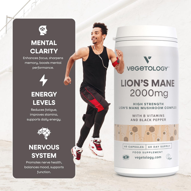 Lions Mane Supplement, 2000mg High Strength Mushroom Complex with B Vitamins and Black Pepper, Supports Mental Clarity, Energy & Nervous System, 60 Vegan Capsules, Age 11+