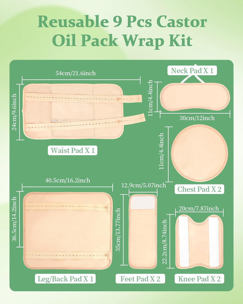 [Australia] - Castor Oil Pack Wrap, 9 Pcs Reusable Organic Castor Oil Pack Kit for Neck Chest Waist Back Knee and Feet, Adjustable Elastic Straps Castor Oil Compress Pads, Machine Washable Anti Oil Leak A-khaki 