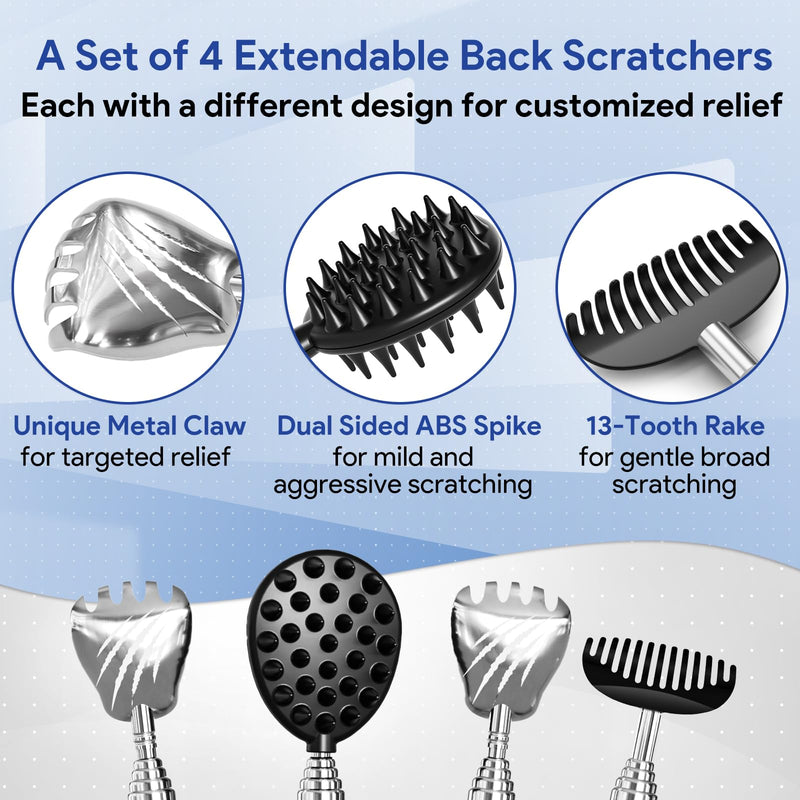 [Australia] - 4 Pack Versatile Back Scratcher, Christmas Gifts for Men, Stocking Stuffers for Men Women, Portable Telescoping with Different Heads and Rubber Handle, White Elephant Gifts for Adults - Black 