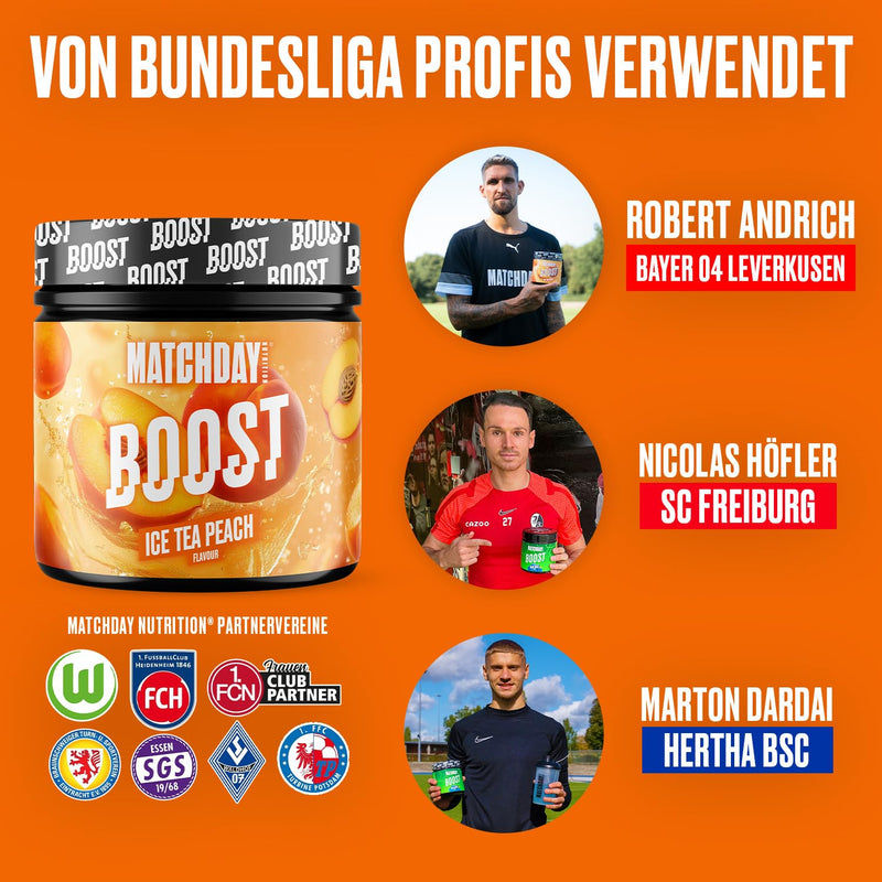 MATCHDAY NUTRITION Boost for Footballers | ATP Booster | Sports Drink with Amino acids and carbohydrates | 20 Servings for Increased Speed, Explosiveness and Endurance (Ice Tea Peach)