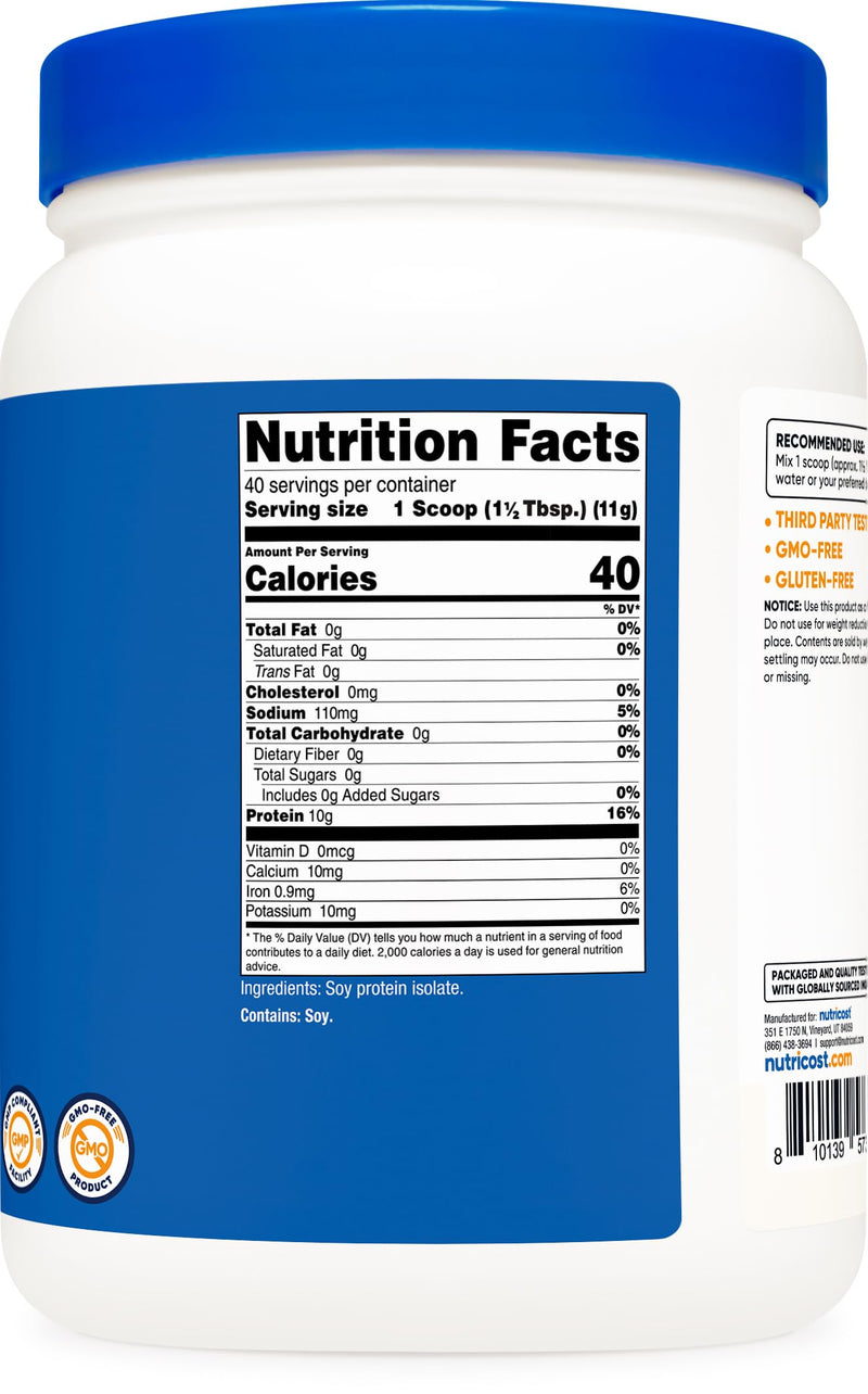 [Australia] - Nutricost Soy Protein Isolate Powder, 1 LB Unflavored - 10 Grams of Protein Per Serving, Vegan, GMO-Free & Gluten Free 