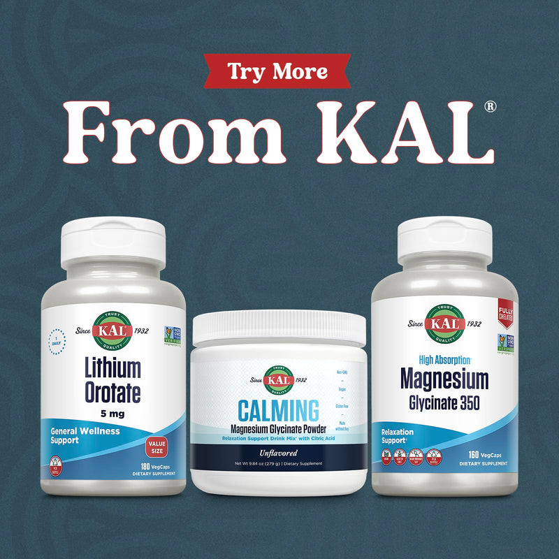 [Australia] - KAL Lithium Orotate 5mg, Low Dose Lithium Supplement for General Wellness Mood Support, Highly Bioavailable, Vegan, 60-Day Guarantee, 180 Servings, 180 VegCaps 180 Count (Pack of 1) 