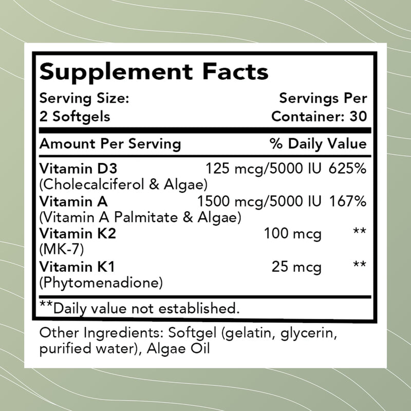 Optimal Health Systems Essential DAK1K2 Vitamins D3 A K1 K2, 60 Softgels | Vitamin D3 5000 IU, vitamins A, K1 and K2 with MK-7, immune, bone and heart support, whole food based, non-GMO, gluten-free 60 Count (Pack of 1)