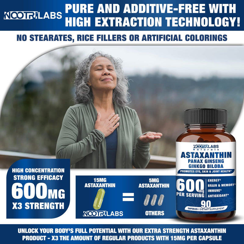[Australia] - Astaxanthin 15mg + Panax Ginseng, Ginkgo Biloba Supplements, 90 Vegan Capsules, Promotes Eye, Skin, Joint Health Energy, Cardiovascular Support + Immune Defense and Focus 