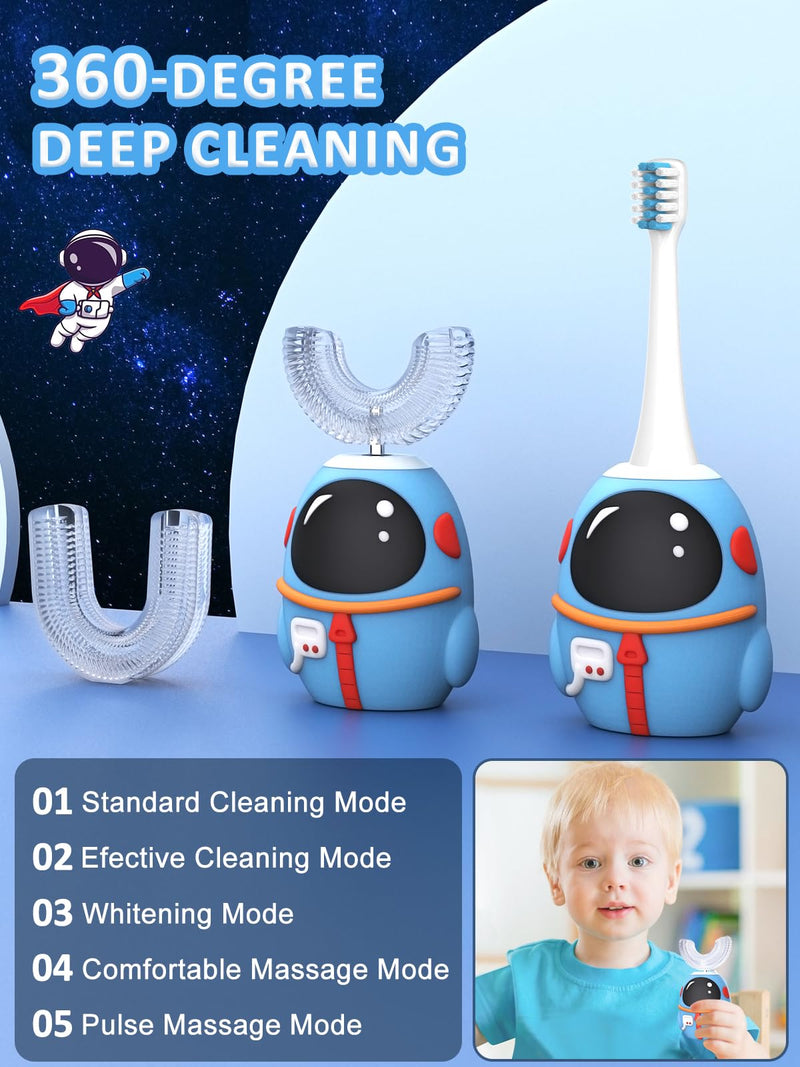 [Australia] - FTOYIN Kids Electric Toothbrush with 3 Brush Heads, U Shaped Ultrasonic Toothbrush Kids with 5 Modes, 45s Smart Reminder, 360-Degree Automatic Cleaning, IPX7 Waterproof Design for Ages 2-12 Blue 1 Count (Pack of 1) 