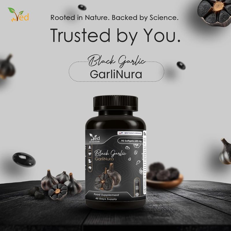 VED GarliNura, 90 Softgels, Fermented & Odorless Black Garlic Supplement with Lavender Flower, Rosemary Leaf, Green Tea Leaf, ALA, Vitamin E, B6, B2, B1, Non-GMO, Halal, 2 Softgels per Day.