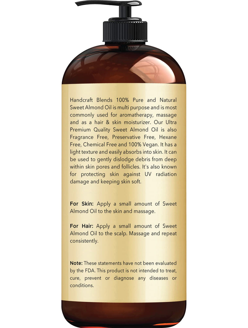 [Australia] - Handcraft Blends Sweet Almond Oil - 16 Fl Oz - 100% Pure and Natural - Premium Grade Oil for Skin and Hair - Carrier Oil - Hair and Body Oil - Massage Oil - Hexane-Free Sweet Almond 16 Fl Oz (Pack of 1) 