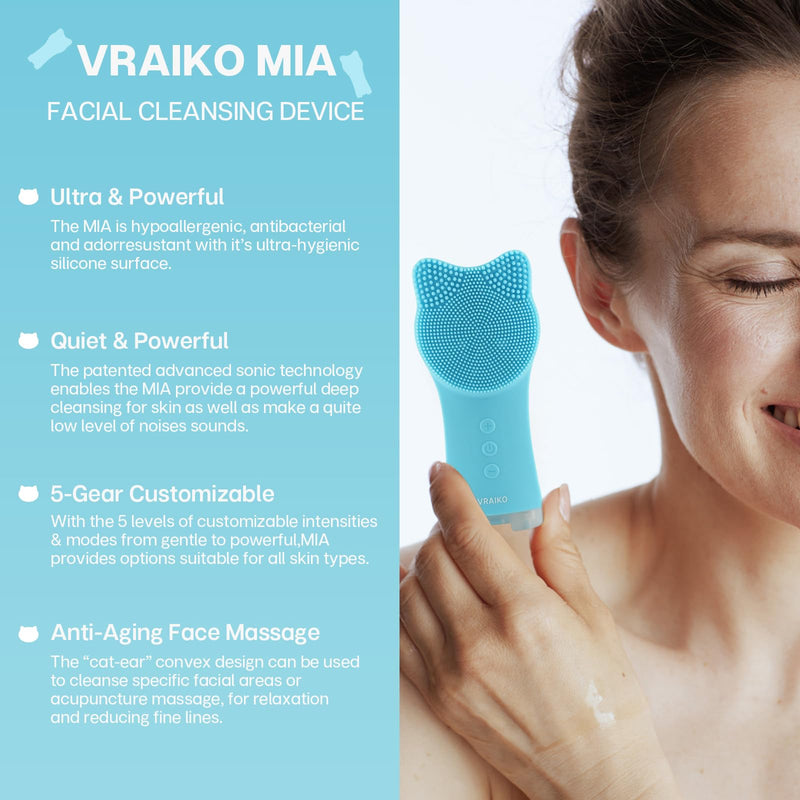 VRAIKO MIA Facial Cleansing Brush, Waterproof Rechargeable Face Cleansing Brush, with Soft Silicone and Adjustable Sonic Vibration, for Deep Cleansing Gentle Exfoliating and Massaging (Blue) Blue