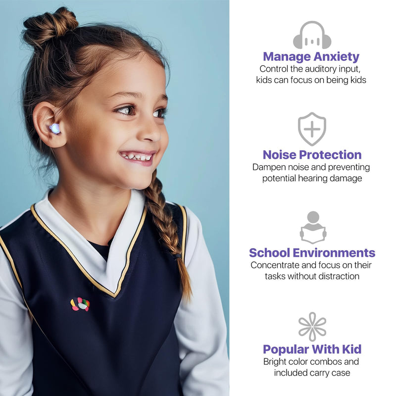 [Australia] - Kids Ear Plugs (6-12 yrs) - Reusable Kids Ear Protection for Focus, Travel, Concerts, Socializing, Events, Sleep, Anxiety, Noise Sensitivity ‚Äì 26 dB Noise Reduction Relief Children Earplugs Violet+geen 1 Count (Pack of 1) 