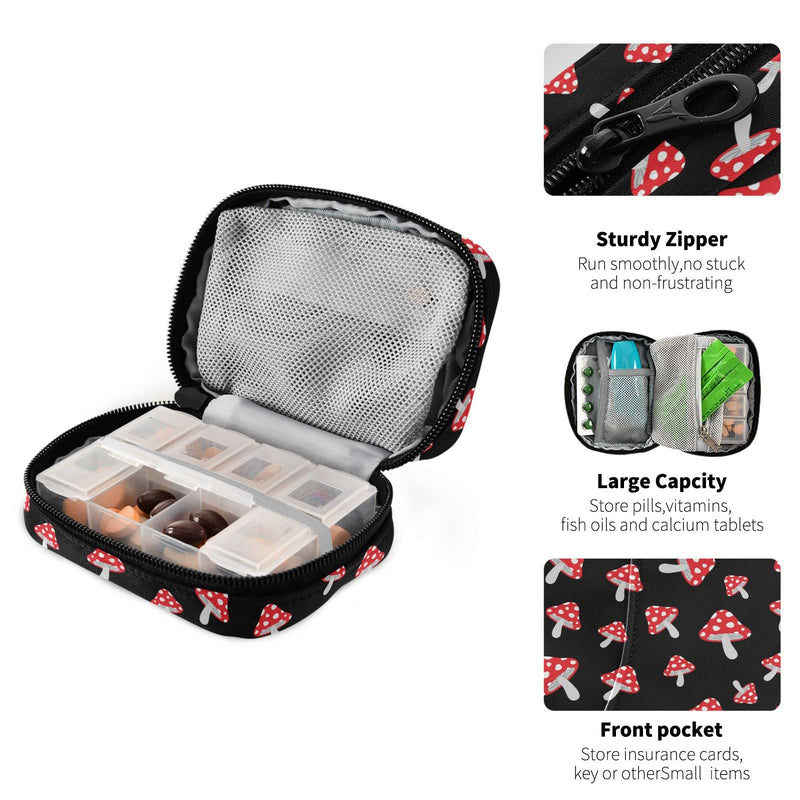 Cute Mushroom Pill Case, Portable Weekly Pill Box Bag Container 7 Days Pill Organizer Vitamin Supplement Holder with Zipper for Travel Family Business