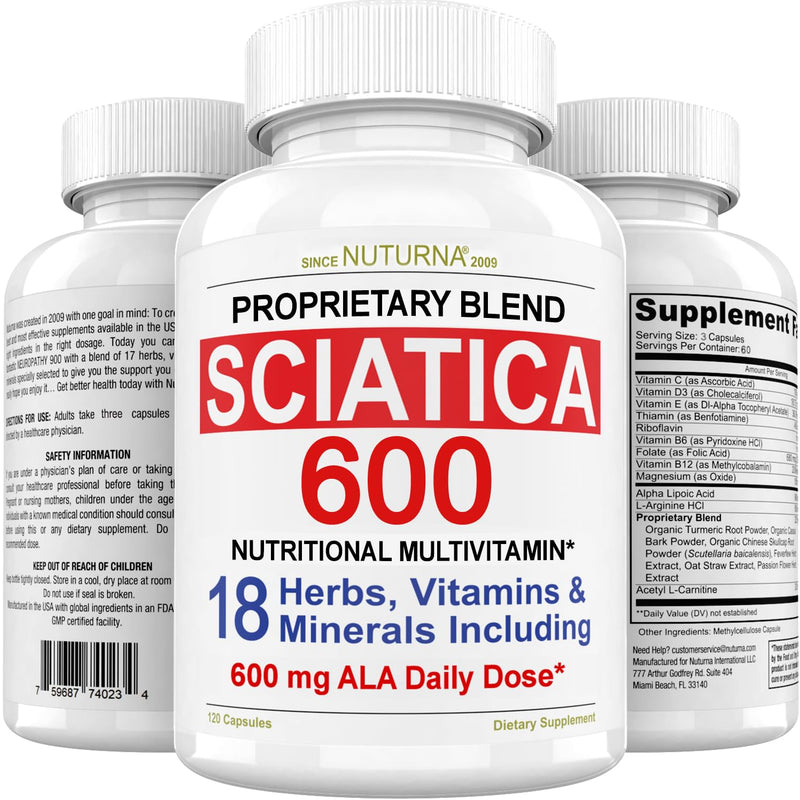 Sciatic Nerve Relief Support Formula Supplement with 600 mg Alpha Lipoic Acid - 18 in 1 Sciatica Nerve Formula for Lower Back, Hip, Lumbar, Leg, Foot Turmeric Curcumin - 120 Pills Made in The USA 120 Count (Pack of 1)