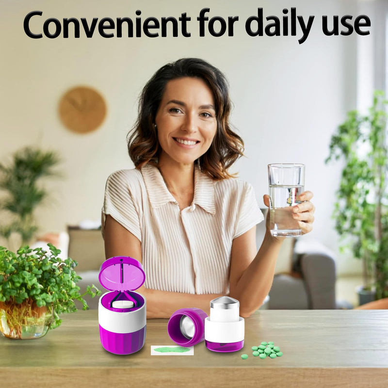 Pill Cutter Splitter for Small and Tiny Pills Vitamins Tablets, Built-in Storage Compartment, Pill Crusher Fine Powder with Stainless Steel Grinding Head,Pills Grinder with Pill Box Organizer (Purple) Purple