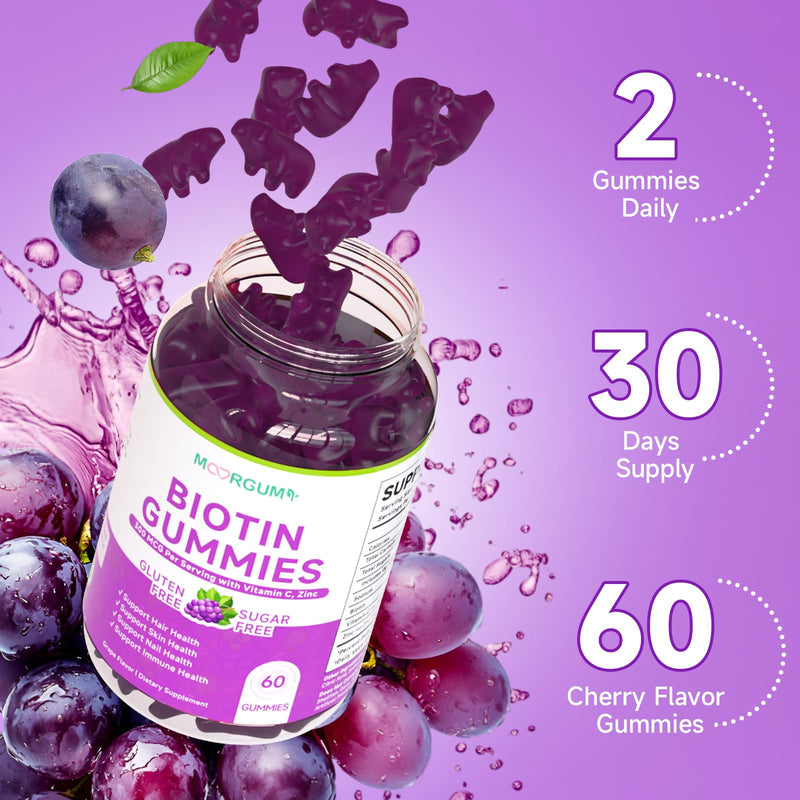 Sugar Free Biotin Hair, Skin & Nails Gummies, Supports Healthy Hair, Skin and Stronger Nails, with Vitamin C, Zinc Chewable Vitamin B7 Supplements for Women & Men, Vegan, Non-GMO, Grape, 60 Count 60 Count (Pack of 1)