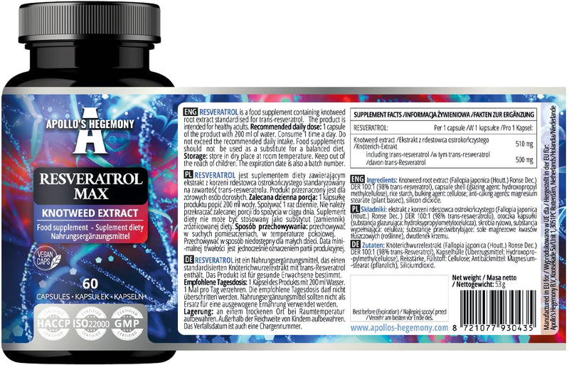 Resveratrol Max - 500 mg per Capsule - 60 Vegan Capsules - High Purity 98% Extract - Supports Circulatory Health - Natural Antioxidant - Dietary Supplement by Apollo's Hegemony Unflavoured