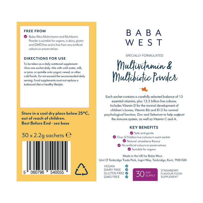 Children’s Multivitamin & Multibiotic Powder - 12.5 Billion Live Cultures & 13 Vitamins - Easy Daily Sachets for 1-12 Years - 30 Sachets (1 Month Supply)