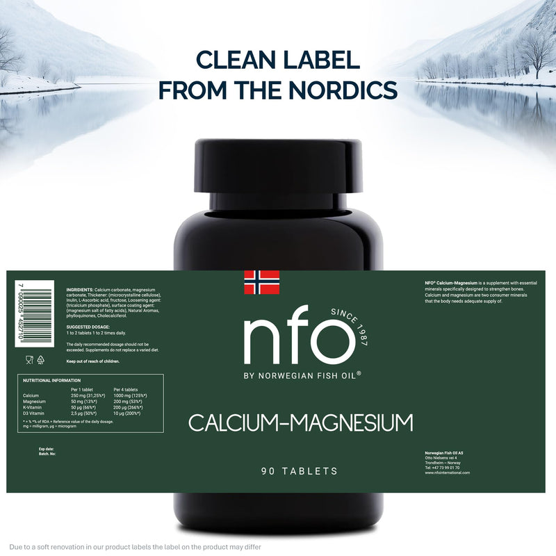 NFO Calcium-Magnesium [90 Tablets] Norwegian Fish Oil Natural Complex with a high Dosage of Calcium and Magnesium Minerals and Vitamins K and D to Strengthen Bones and Teeth