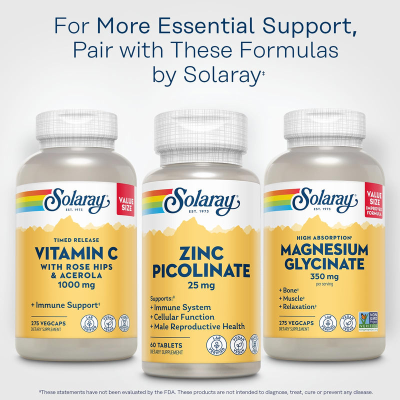 SOLARAY Zinc Picolinate 25 mg, 60 Tablets | Immune, Cellular & Skin Health Support, Highly Bioavailable Zinc Picolinate, 60 Servings, Vegan, Gluten Free, Lab Verified