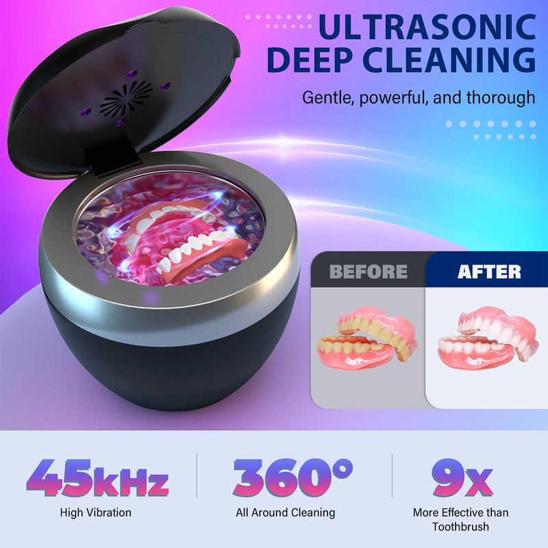 [Australia] - Ultrasonic Retainer Cleaner, 200ML Denture Cleaner for Mouthguard, Aligner, Brace, Night Guard and Dental Appliance with 4 Modes, 45kHz Jewelry Cleaner for Rings, Dental Cleaning Pod with Basket Black 