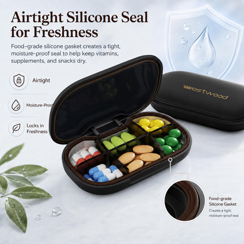 HyJeryty 6-Compartment Pill Organizer - Small Compact Travel Pill Case for Vitamins, Medication and Supplements - Portable Black Medicine Pill Box with Stylish Design Compact Black