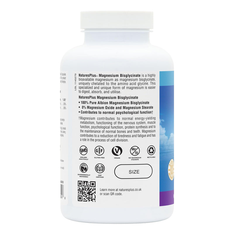 NaturesPlus Magnesium Glycinate Capsules - Gentle Magnesium Supplement, Active Bisglycinate Form - Sleep, Relaxation, Stress Support - Vegan, Gluten Free - 180 Capsules