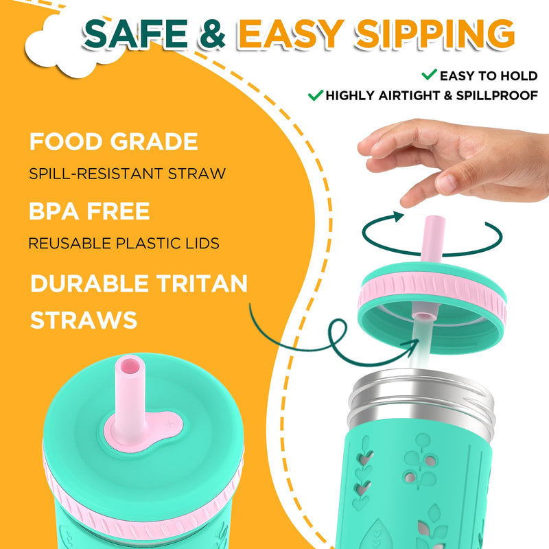 [Australia] - Tronco [4 Pack] 10 oz 2-in-1 Stainless Steel Kids Tumbler Cups with Silicone Sleeves, Spill-Resistant Flexible Straws & Storage Lids, BPA-Free Smoothie and Snack Cups, Dishwasher Safe Mango Yellow,Grape purple,Grass Green,Peach Pink Pack of 4 