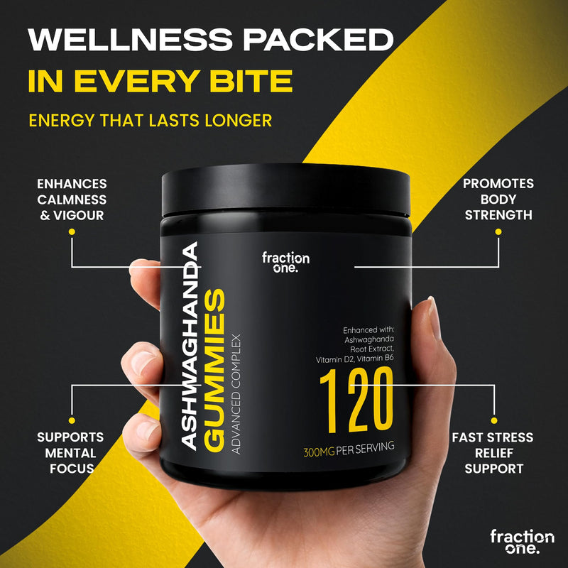 Fraction One Ashwagandha Gummies - 120 Gummies - 300 mg per Serving Enhanced with Vitamin D2 & B6 - High Strength Root Extract - Supports Stress & Energy - Berry - Vegan Friendly - 60 Days Supply
