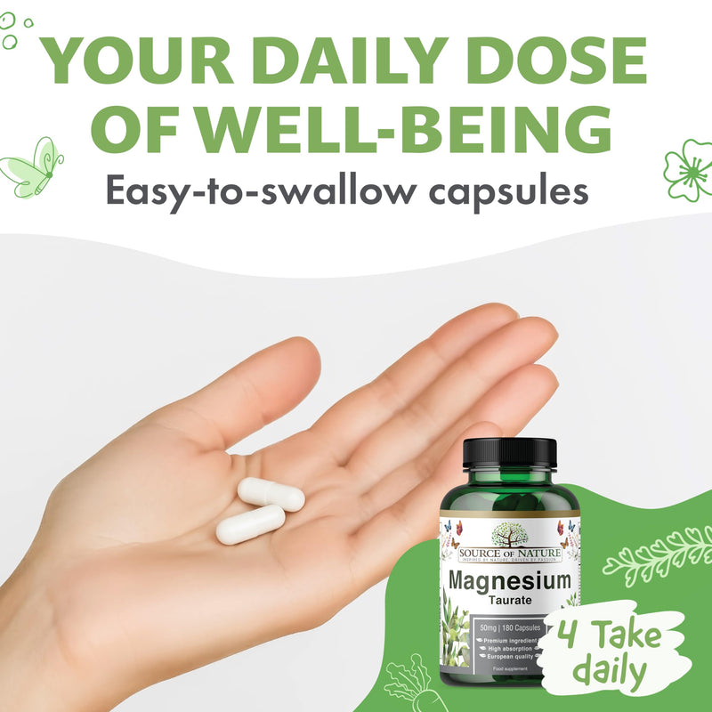 Source of Nature® | Magnesium Taurate 625mg | 180 Capsules | 45-Day Supply | 50mg Elemental | High Absorption | Gentle on Stomach | Lab-Tested Purity