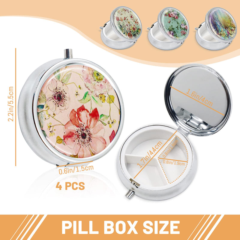 4 Pack Elegant Small Pill Box, 3 Compartments Pill Case for Purse Pocket with Mirror, Metal Travel Portable Medicine Tablet Vitamin Holder Organizer Container, Style A