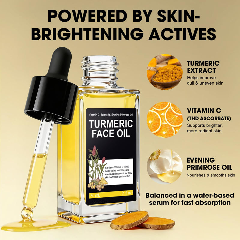 Turmeric Oil for Face, Facial Skincare Oil with Turmeric Root Extract & Tetrahexyldecyl Ascorbate, Hydrating Face Glow Serum, Daily Skin-Conditioning Care for a Radiant-Looking Appearance