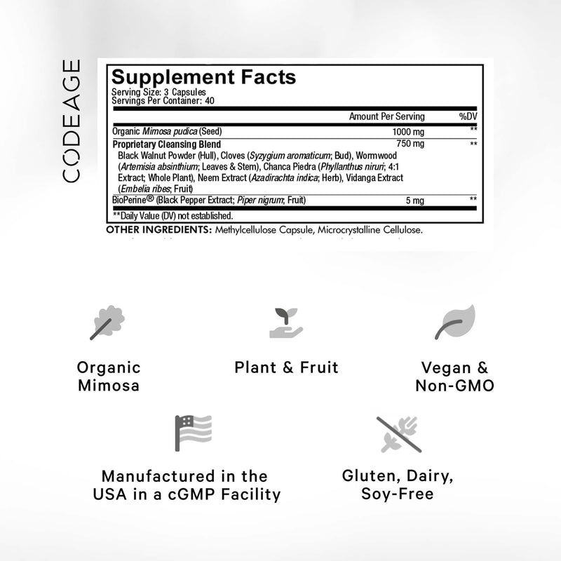 [Australia] - Codeage Organic Mimosa Pudica Seed Capsules - Mimosa Pudica Seeds Supplement - Black Walnut, Cloves, Vidanga, Neem, BioPerine - All in One - Sensitive Plant Pills - Non-GMO & Vegan - 120 Capsules 1 