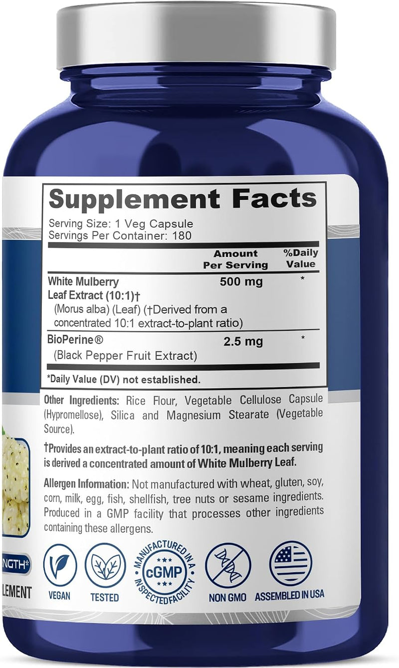 White Mulberry Leaf, Non-GMO, Vegan, 500mg, 180 Veg Capsules - 180 Servings | Botanical Formula, 10:1 Morus Alba Leaf Extract, BioPerine, Suitable for Adults, Manufactured in cGMP Registered Facility USA