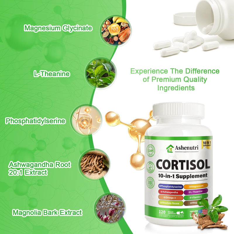 Ashenutri 10-in-1 Cortisol Supplement with Magnesium,Ashwagandha,Rhodiola Rosea,L Theanine,Hormone Balance for Women 120 Vegan Capsules