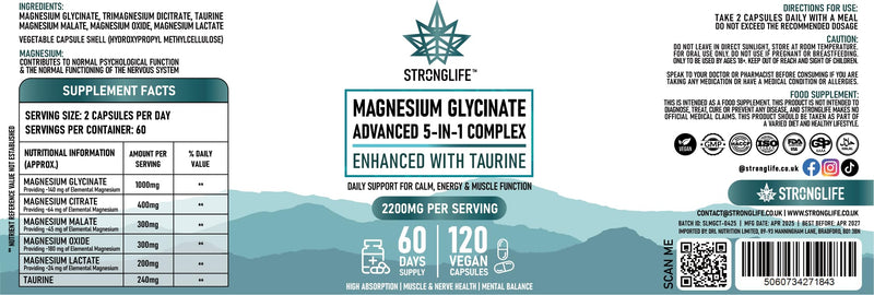 Magnesium 5-in-1 Capsules – 120 Capsules | 60-Day Supply | Glycinate, Citrate, Malate, Oxide, Lactate + Taurine | High Strength | Muscle, Energy, Sleep Support