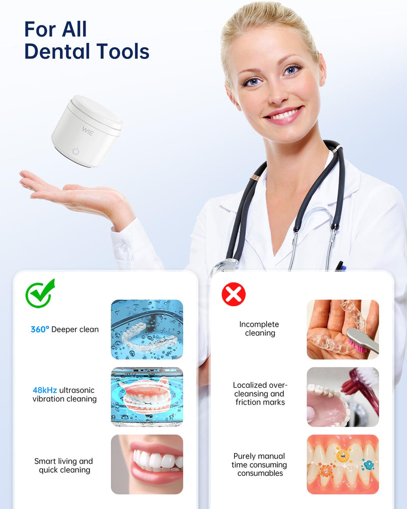 [Australia] - Ultrasonic Retainer Cleaner Machine, 48kHz Retainer Cleaner for Dentures, Night Mouth Guards,Jewelry Cleaner, Aligner, Toothbrush Head, 200ML Portable UV Retainer Cleaning Pod - 2 Modes,White White 