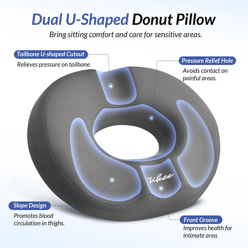 [Australia] - ZIKEE Dual U-Shaped Donut Pillow for Tailbone Pain, Hemorrhoid Pillow for Sitting with Pressure Relief Hole & Slope Design, Donut Seat Cushion for Coccyx, Postpartum & Post Surgery Sitting Relief 