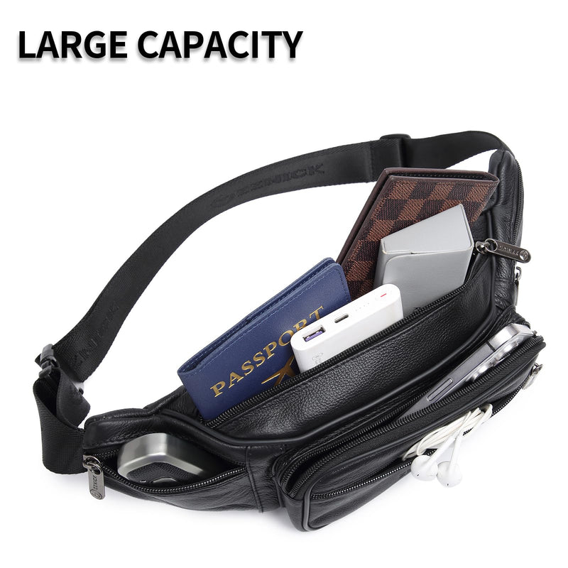 Genuine Leather Fanny Pack/Waist Bag/Organizer with Adjustable Belt, Multiple Pockets For Men and Women Black-861 Medium