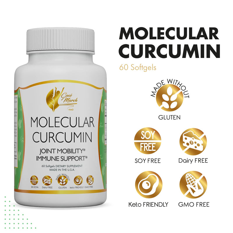 [Australia] - Coco March Molecular Curcumin - 180x Higher Absorption Joint, Mobility and Immune Support, Gluten Free, Soy Free, Dairy Free, Keto Friendly, GMO Free, 1000 mg per Serving, 60 Softgels 