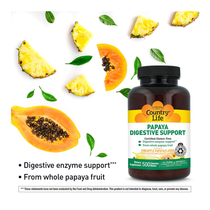 Country Life Papaya Digestive Support with Papain & Protease, 500 Wafers | Pineapple papaya chewables with whole papaya fruit and digestive enzymes; Certified Gluten-Free, Vegan and Kosher Papaya Pineapple 500 Count (Pack of 1)